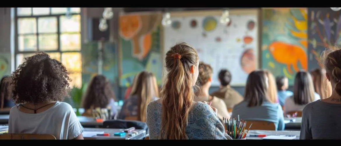 Art therapy students learning in a diverse, sunlit classroom.