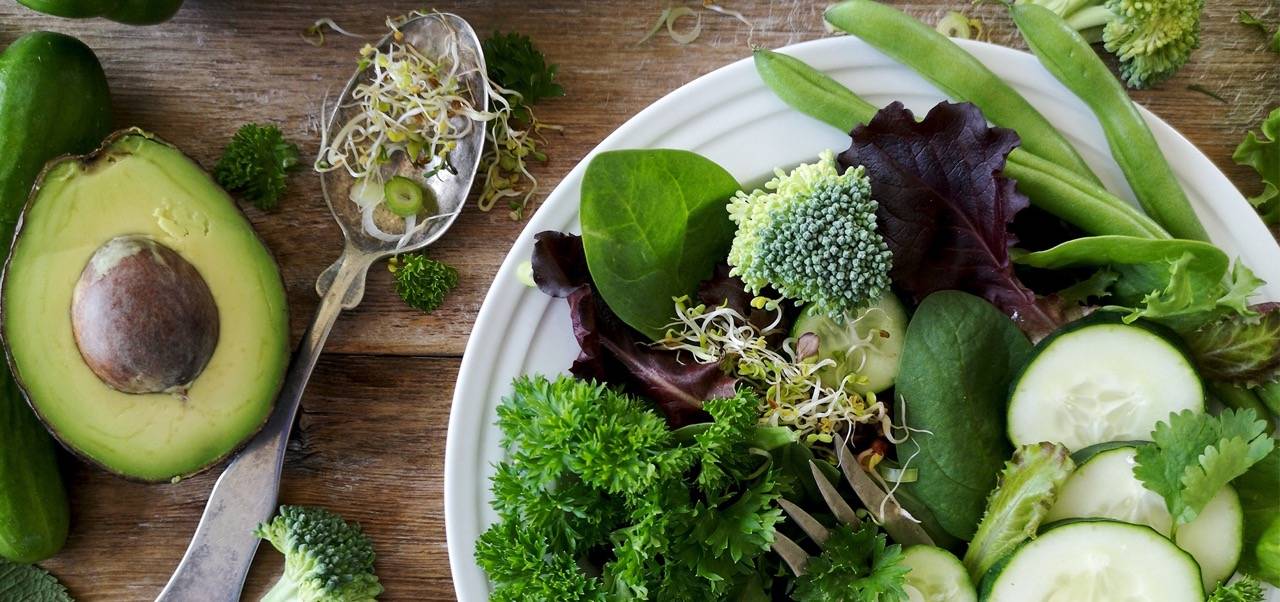 Grüne Lebensmittel, wie Avocado, Brokkoli, Salat, Zucchini.