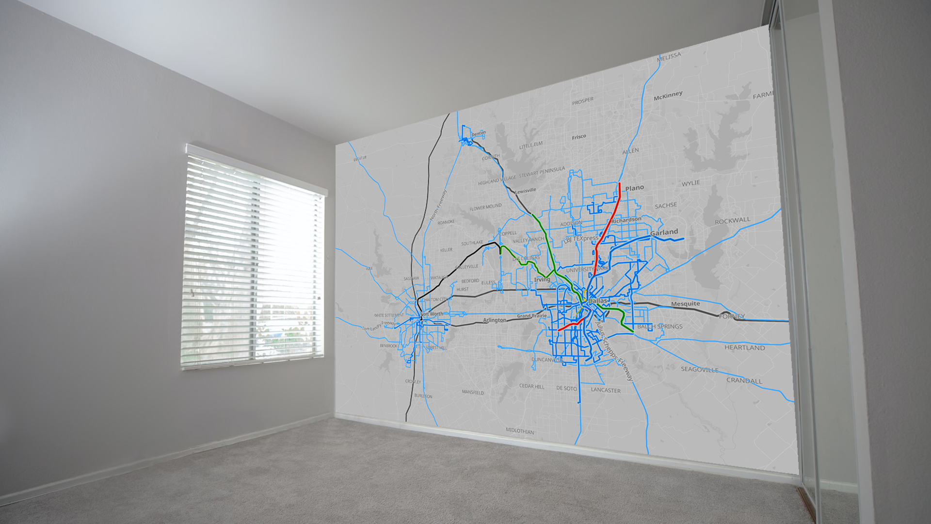Map of all public transit lines in North Texas projected onto a blank wall in an empty room.