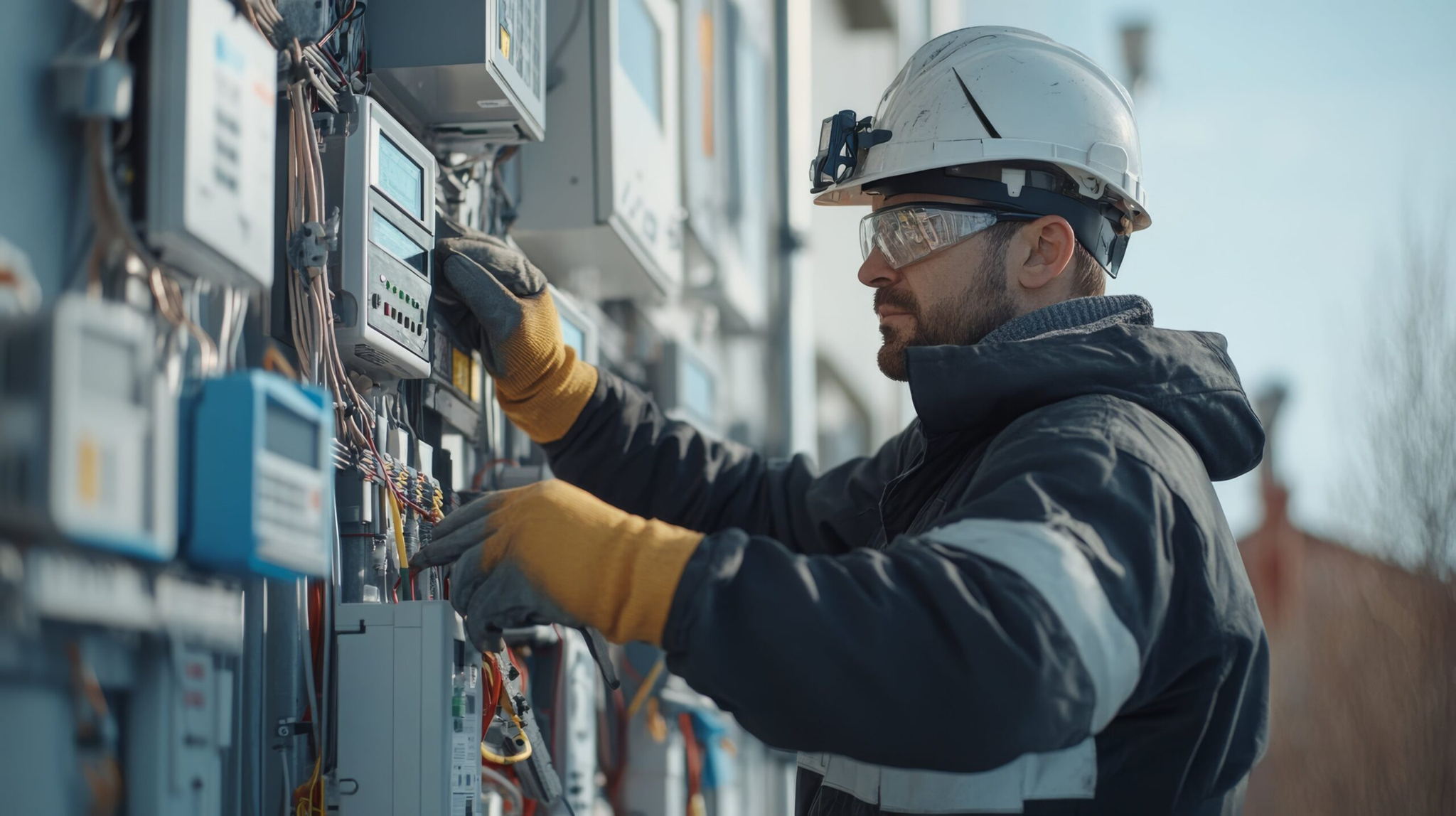 A worker wearing protective gear, including a hard hat, safety glasses, and gloves, is adjusting equipment on an outdoor electrical panel. The person is focused and appears to be performing a maintenance task.