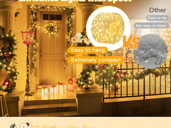 Features of Ollny's 800 leds clear cable cool white string lights - mobile size