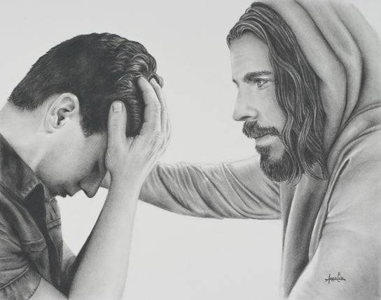 Drawing of Jesus comforting a young man.