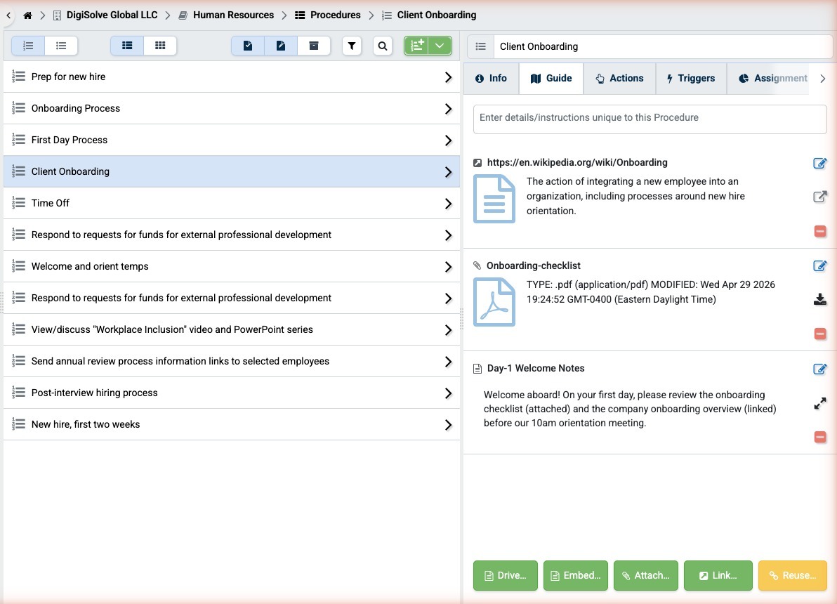 Procedure showing all three Resource types: Linked, Attached, and Embedded