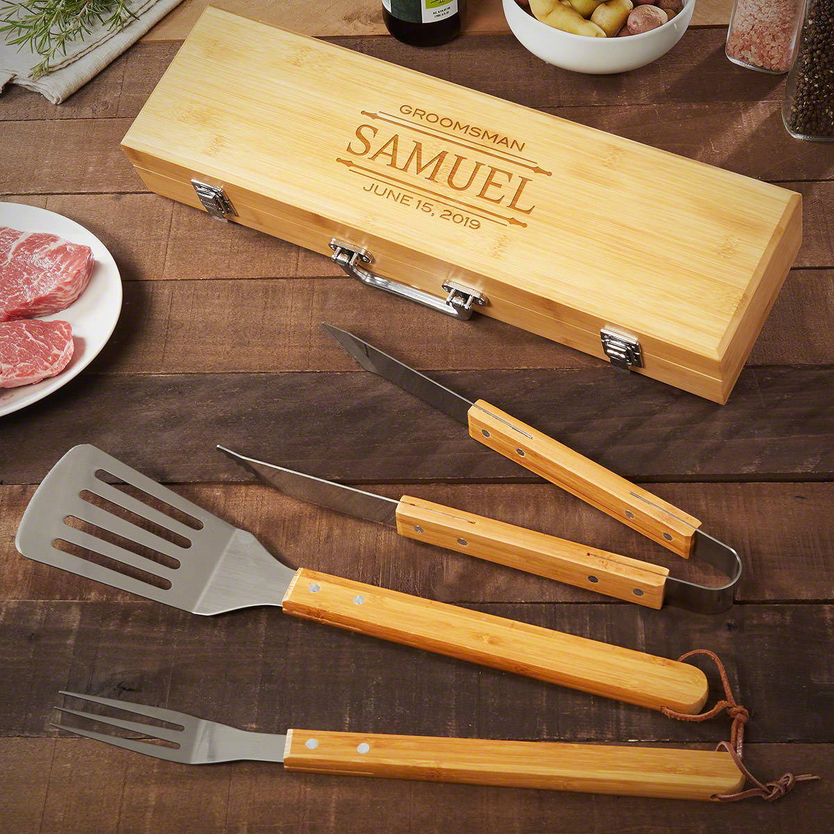 Custom Bamboo Barbecue Tools From Standford Personalized With Name and Date Engraved By Laser Technology