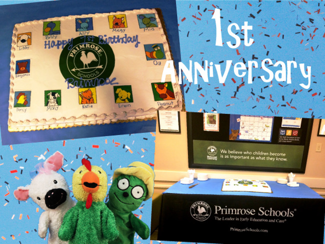 First anniversary poster featuring images of the Primrose puppets and the celebration cake
