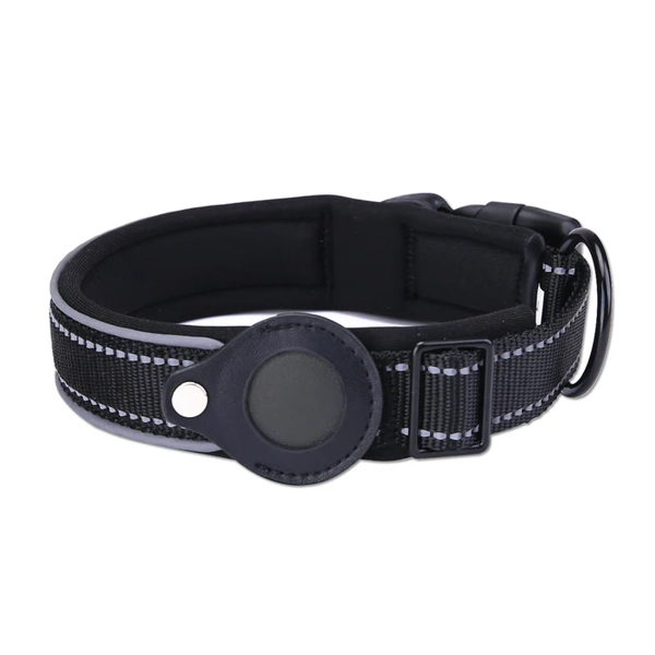 Black Secure Nylon Dog Collar with Built-in Apple AirTag (not included) Holder Case - Pet Tracker Accessory