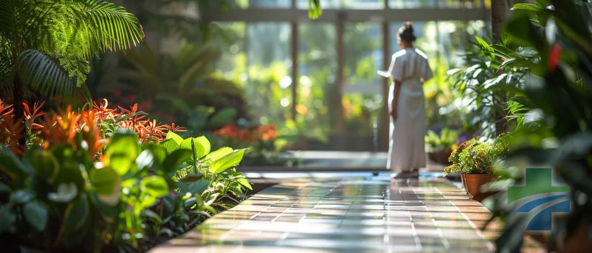 Healthcare provider enjoying a serene hospital garden filled with lush plants.