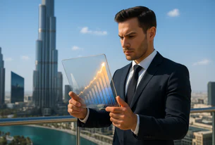 Businessman in a suit holds a transparent tablet displaying a rising financial growth graph, overlooking a city skyline with the Burj Khalifa.