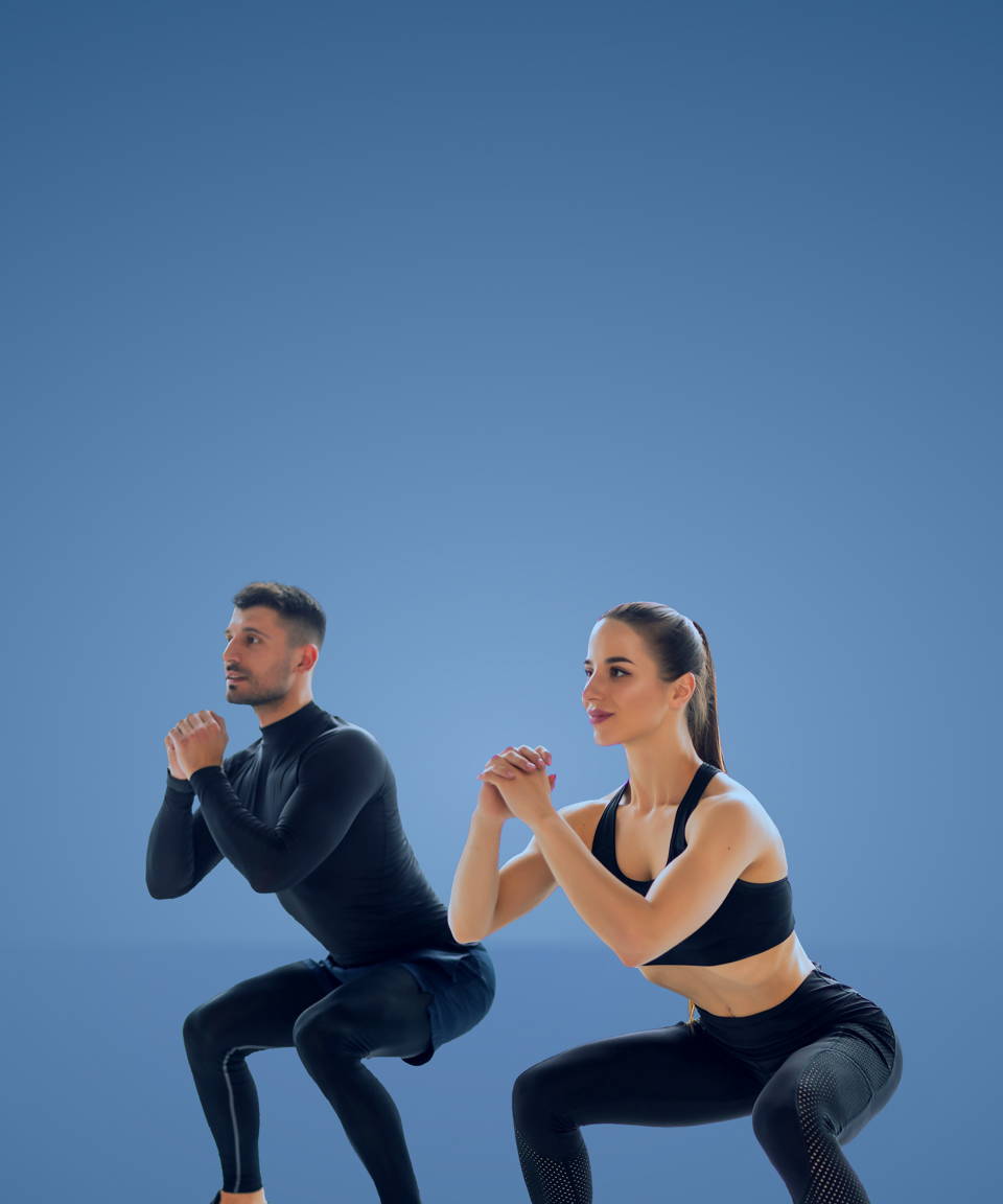 Two people dressed in athletic wear doing a squat for Confetti's Virtual Bootcamp