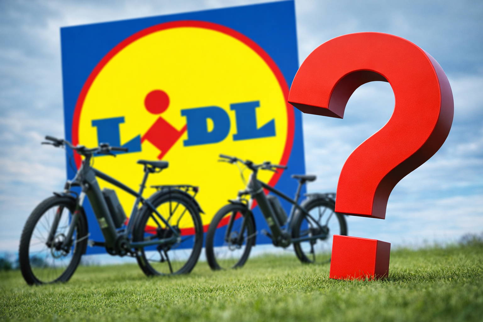 Lidl-logo op de achtergrond met twee elektrische fietsen ervoor en een groot rood vraagteken op de voorgrond, als visuele aankondiging van een review over Lidl e-bikes.