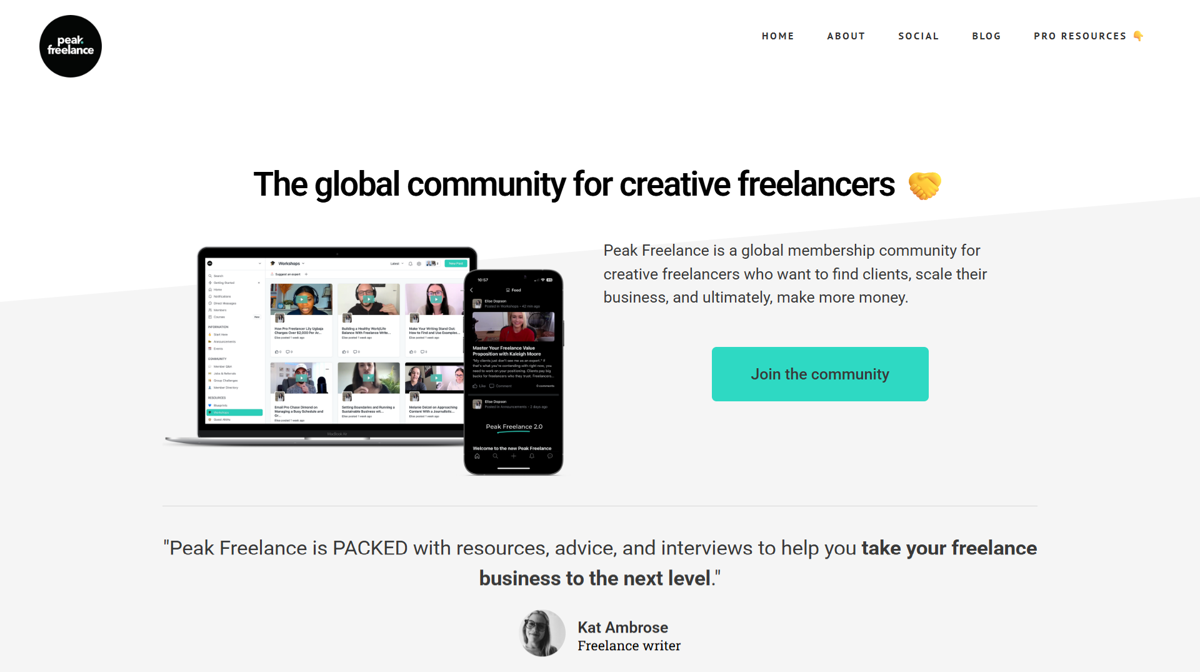 Screenshot of Peak Freelance, from the membership websites collection.