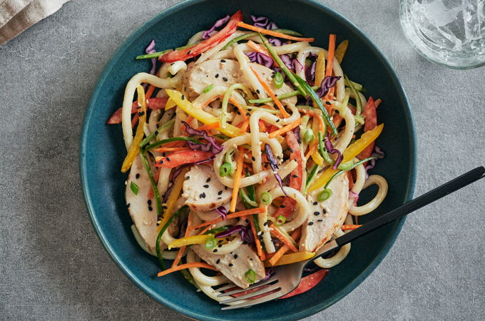 Udon Noodle Salad with Miso and Ginger Chicken
