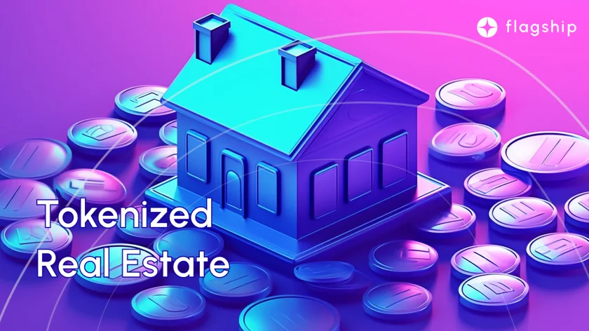 tokenizing real estate, real estate tokenization rwa : one big vector based tokens with a house icon slightly rotated with a lot of small tokens on the background purple blue gradient background with white line stripes