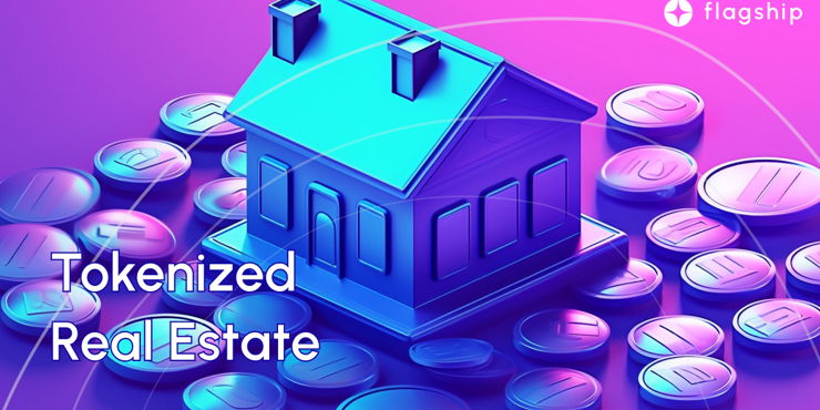 tokenizing real estate, real estate tokenization rwa : one big vector based tokens with a house icon slightly rotated with a lot of small tokens on the background purple blue gradient background with white line stripes