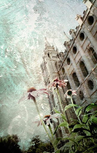 Textured picture of the Salt Lake Temple angled from the ground.