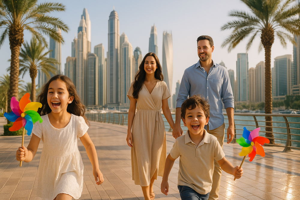 Happy family, mother, father, daughter, son, walk promenade Dubai marina skyline. Children hold colorful pinwheels, laughing. Palm trees line water's edge.