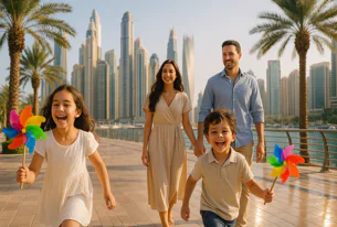 Happy family, mother, father, daughter, son, walk promenade Dubai marina skyline. Children hold colorful pinwheels, laughing. Palm trees line water's edge.