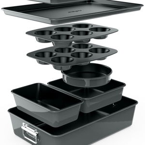 NutriChef 8-Piece Nonstick Stackable Bakeware Set - PFOA, PFOS, PTFE Free Baking Trays, 450°F Oven Safe, Cake, Loaf, Muffin, Wide/Square Pans, Cookie Sheet (Gray)