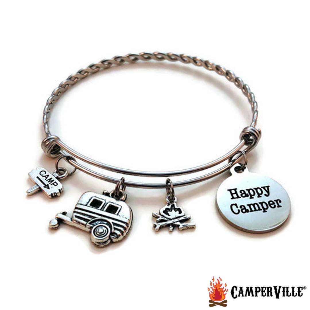 happy camper, camping bangle bracelet, charm bracelet