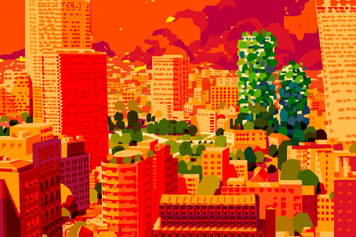 An urban city populated by trees and green structures.