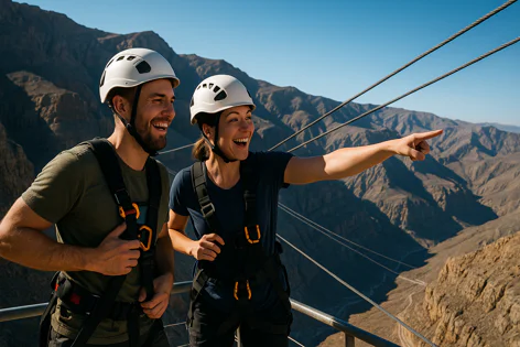 A smiling couple wearing helmets and harnesses stands on a platform overlooking rugged mountains, pointing towards the scenic view.
