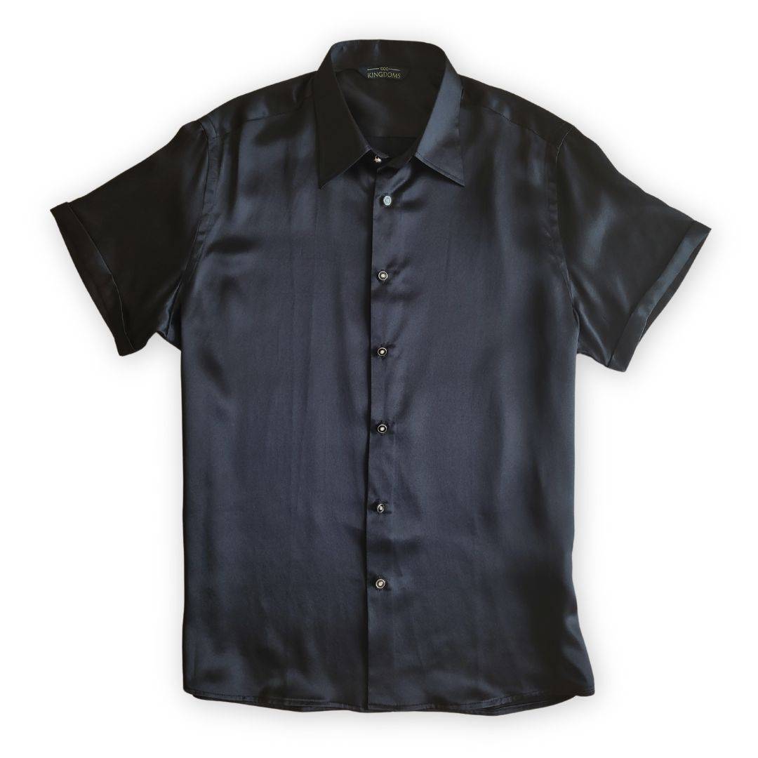 product photo of a black short sleeve mens silk shirt from 1000 kingdoms