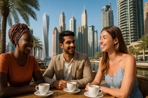 Three friends enjoy coffee at an outdoor cafe with a backdrop of modern skyscrapers and palm trees in a vibrant city.