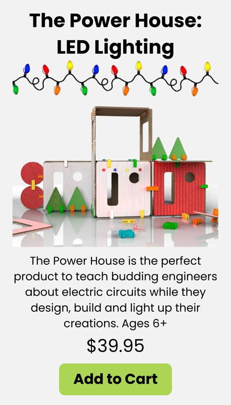 A hands-on electric circuits STEM kit for kids ages 6+. Students design and build a cardboard house, add LED lights, and explore basic electricity in a fun creative way. Perfect for early engineering learning at home makerspaces classrooms and enrichment programs.