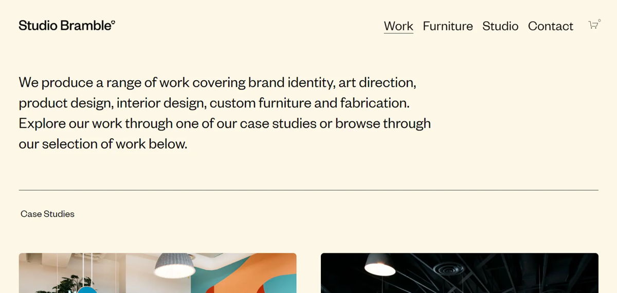 Screenshot of Studio Bramble, from the squarespace portfolio examples collection.