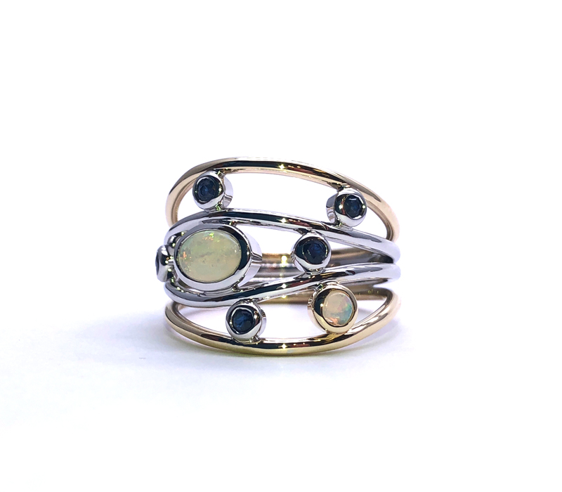 2-tone gold starry night ring with opal and sapphire