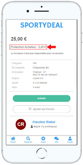 Image smartphone page d'une annonce de l'application / site web SPORTYDEAL,  mention de la protection acheteur en euro (par exemple ici 2,49 euro de protection acheteur pour un article à 25,00 euros).