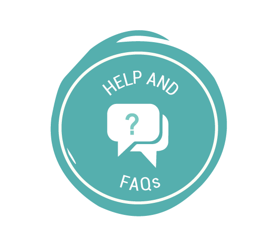 Image of a circular, turquoise icon with the text 'Held and FAQs'