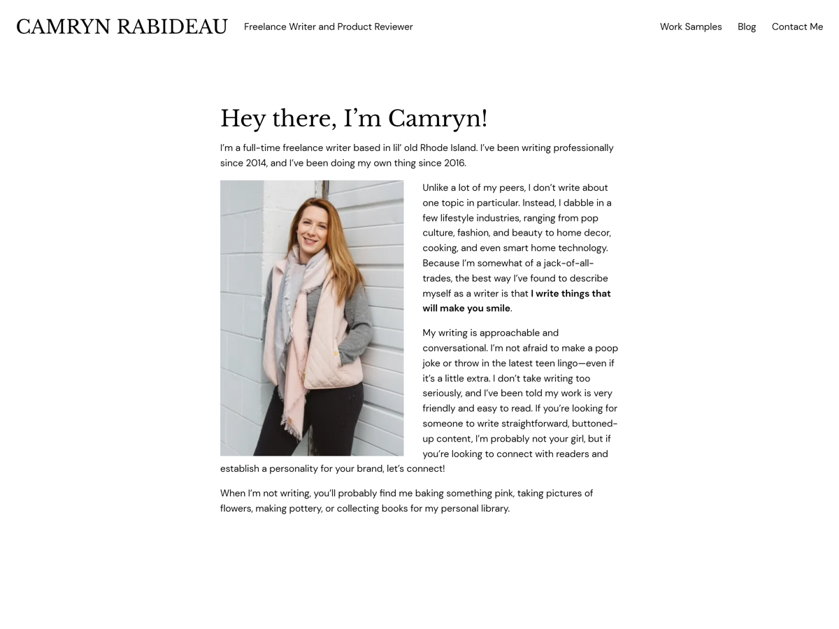 Screenshot of Camryn Rabideau, from the writer websites collection.