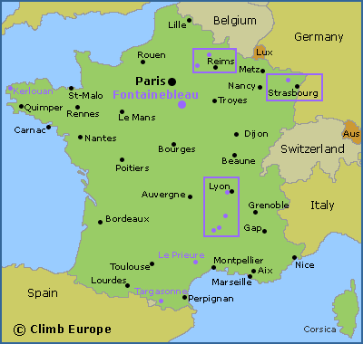 Map of the main bouldering areas in France