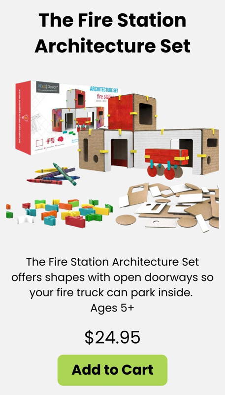A creative STEM and architecture kit where kids ages 5+ build their own fire station using durable cardboard shapes and connectors. Features open doorways so fire trucks can park inside. Great for hands-on building play, early engineering, imaginative storytelling, and at-home or classroom makerspace projects.