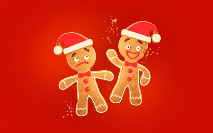 Sad and happy gingerbread men wearing Santa hats (preview)