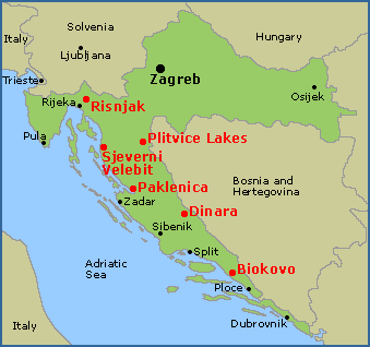 Map of the main walking and hiking areas in Croatia