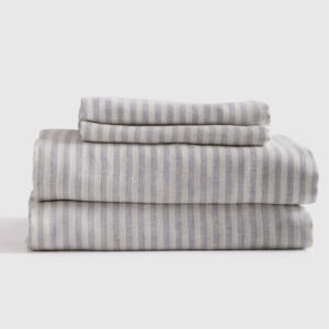 European Linen Sheet Set | Quince (Queen w/ flat sheet, mist / white stripe)