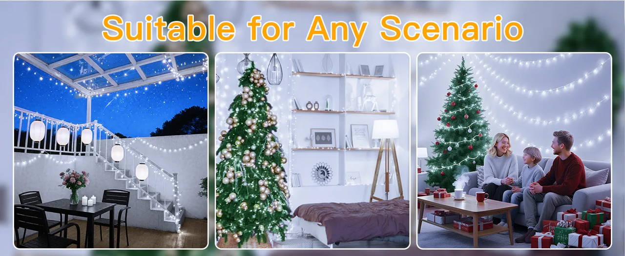 Features of Ollny's 800 leds clear cable cool white string lights - desktop size