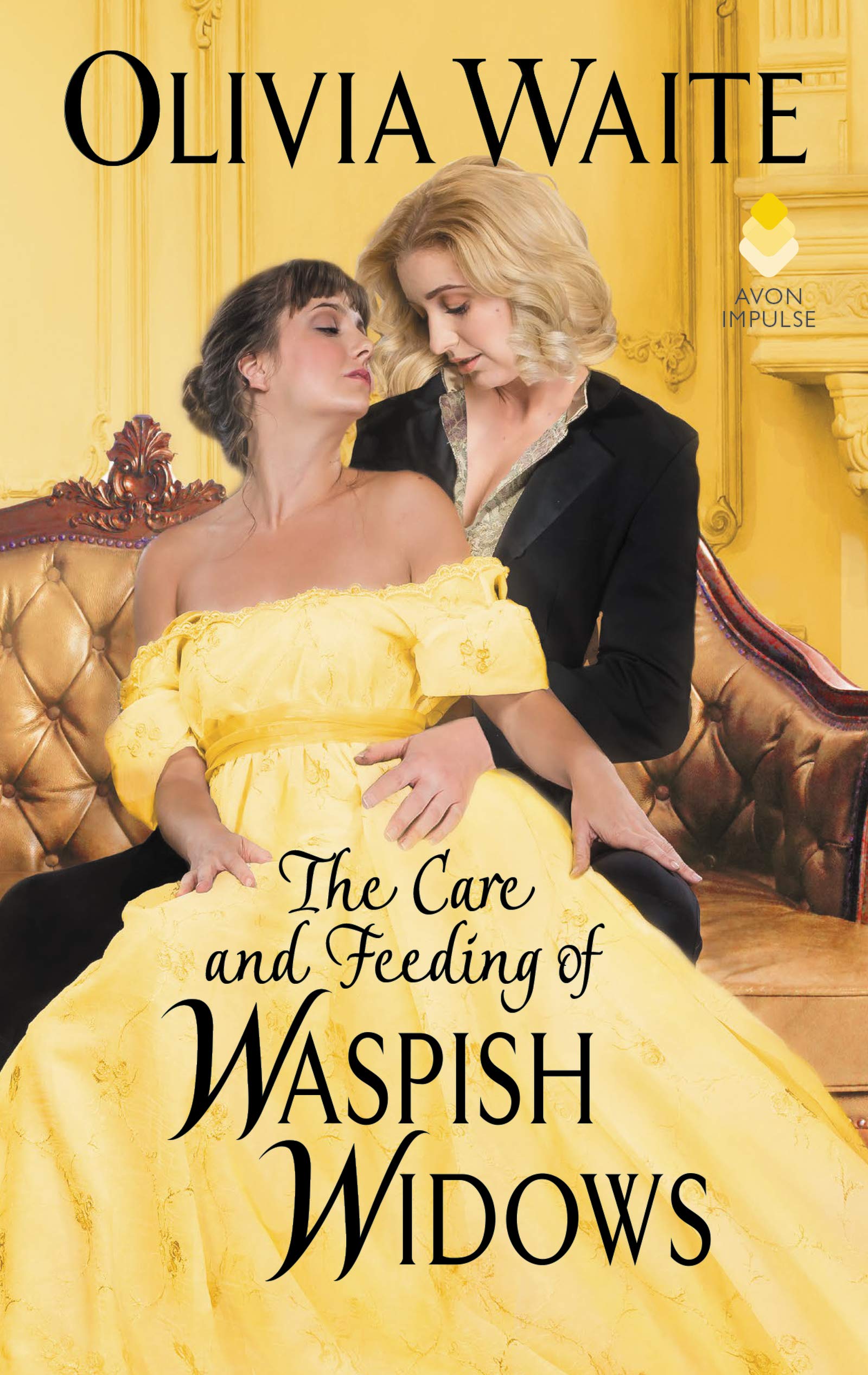 Image of the book cover that has two women, one wearing a long golden dress and the other woman has a blazer type suit, both are looking at each other with their eyes closed.