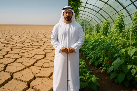 A man in traditional white dress stands between a cracked desert landscape and a lush greenhouse filled with green plants and tomatoes, symbolizing transformation.