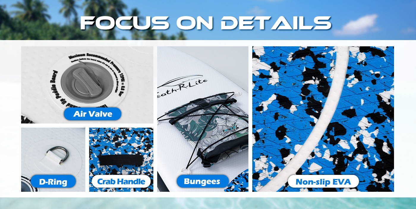 Feath-R-Lite paddle boards focus on board details: Air valve, D-Ring, Crab handle, bungees, non-slip eva
