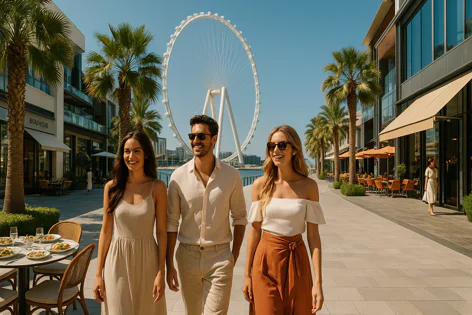 Three smiling people walk along a sunny waterfront promenade in Dubai, lined with palm trees and modern buildings. The Ain Dubai Ferris wheel is prominent in the background.