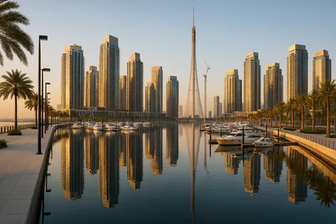 Tall modern buildings and the conical Dubai Creek Tower reflect in the calm water of a marina at sunset, with palm trees and yachts docked along the shore.