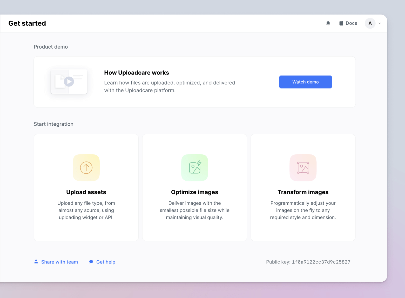 Uploadcare Dashboard Get Started Page