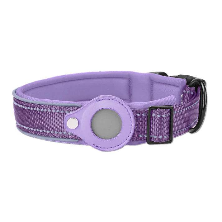 Purple Secure Nylon Dog Collar with Built-in Apple AirTag (not included) Holder Case - Pet Tracker Accessory