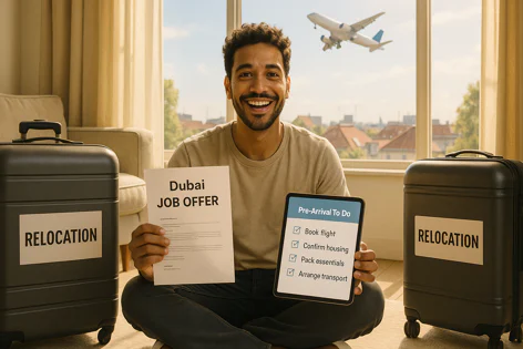 Happy man holds a Dubai job offer letter and tablet with relocation checklist, seated between two suitcases for moving abroad.