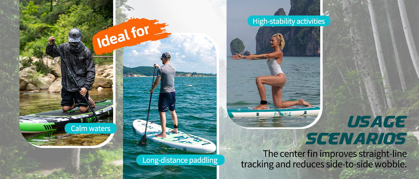 Funwater stand up paddle board fins ideal for calm water, long-distance paddling, high-stability activities, the center fin improves straight-line tracking and reduces side to side wobble