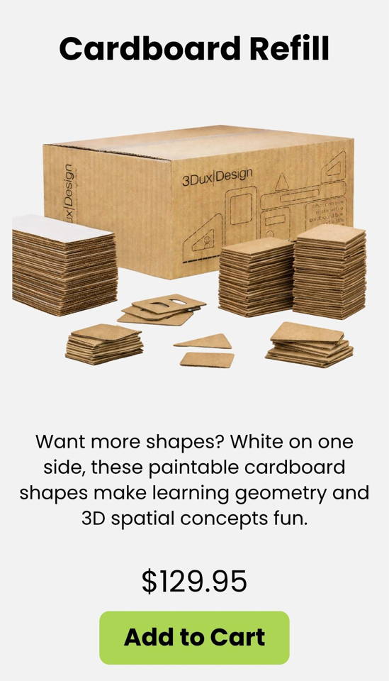 Cardboard Refill box with assorted 3DuxDesign die-cut cardboard shapes for classroom STEM projects hands-on building geometry activities and 3D modeling for PreK–12.