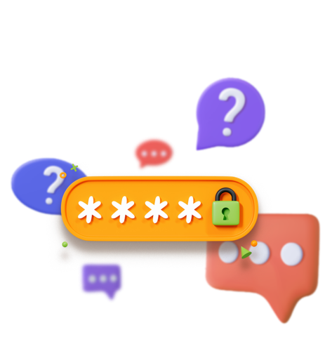 Censored password with speech bubbles and question marks